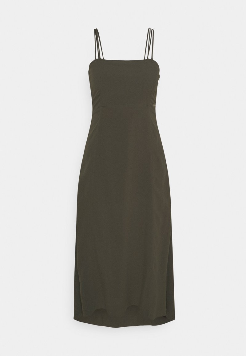 Vestido midi verde oliva oscuro con finas tirantes dobles, escote recto y cierre lateral con cremallera.