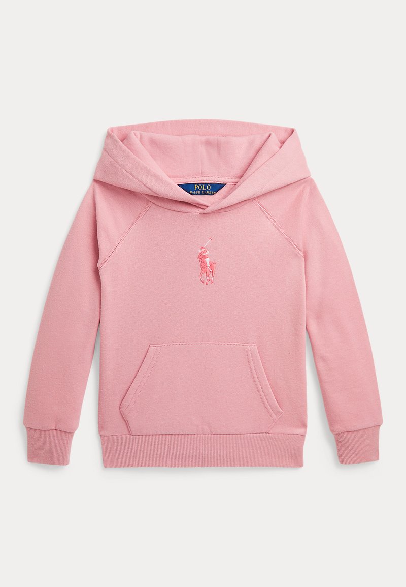 Pull-over à capuche rose avec poche kangourou, présentant des manches raglan et un petit logo brodé sur la poitrine. Tissu doux en mélange de coton.