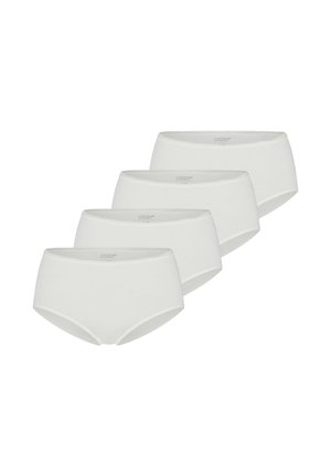 Vierer-Set weißer Baumwollslips mit hohem Bund, das durch eine glatte Textur und subtile gestickte Details entlang der Kanten bestechen.