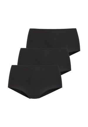 Drei schlichte schwarze nahtlose hochgeschnittene Damenunterhosen, diagonal auf einem weißen Hintergrund gestapelt.