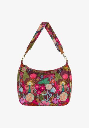 Borsa a spalla in tessuto multicolore con un design floreale, forma curvata e tracolla regolabile con motivo e dettagli in hardware dorato.