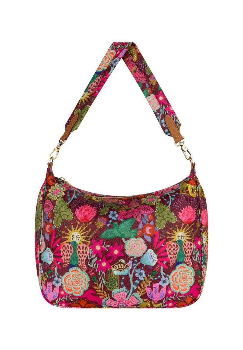 Multikleurige stoffen schoudertas met een bloemendesign, gebogen vorm en verstelbare gestreepte schouderband met gouden hardware-accenten.