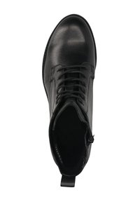 Schwarze Leder-Stiefel bis Knöchel mit runder Zehenform, ausgeprägter Schnürung, glatter Oberfläche und einer Zuglasche an der Ferse für ein einfaches An- und Ausziehen.