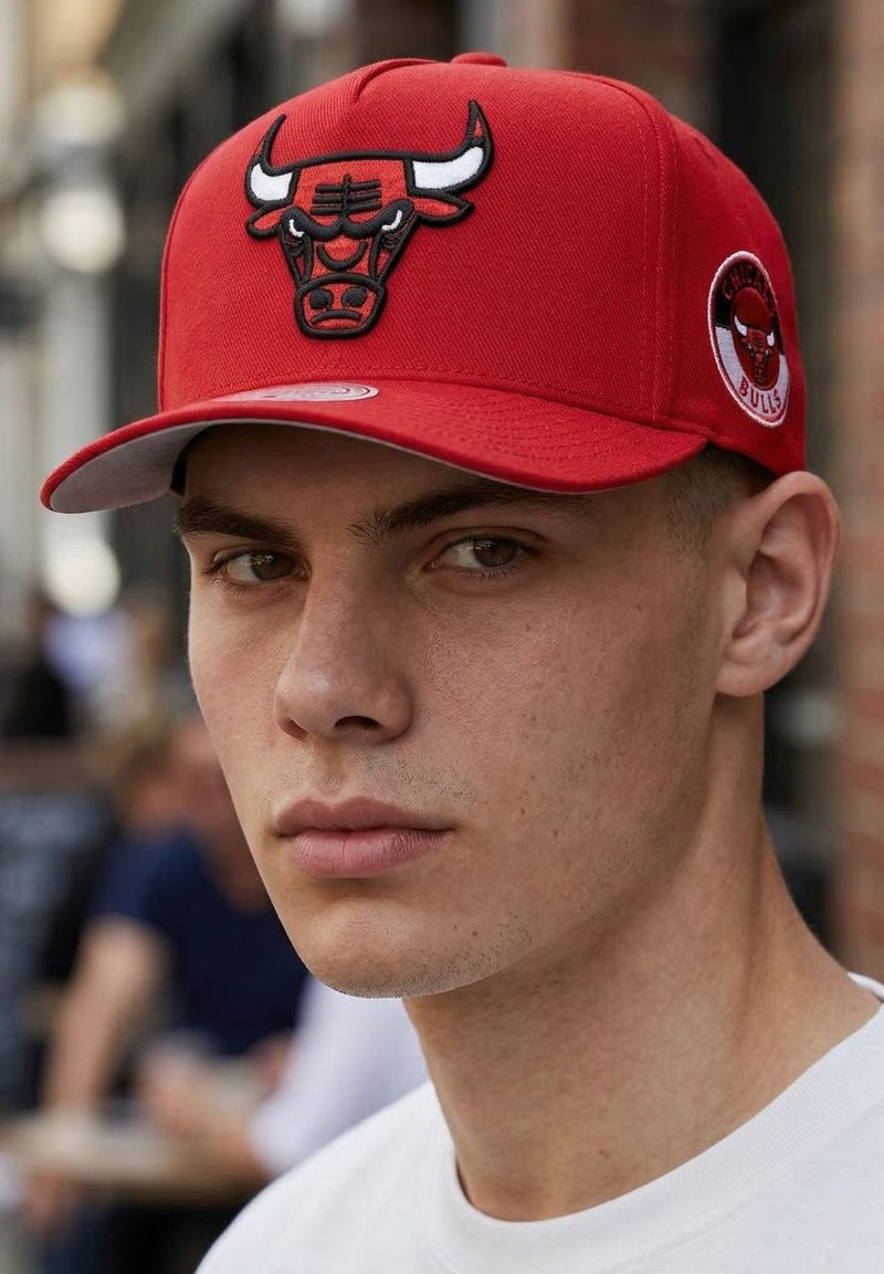 Νέος άνδρας με κόκκινο καπέλο Chicago Bulls με το λογότυπο του ταύρου, κοιτάζοντας μπροστά σε αστικό υπαίθριο περιβάλλον.