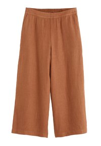 Rust-colored wide-leg trousers with an elastic waistband. Made from lightweight fabric with a smooth texture. Includes side pockets.