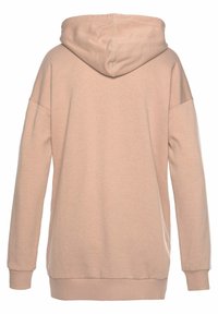 Sweat-shirt à capuche beige à manches longues avec poignets et ourlet côtelés, vu de dos.