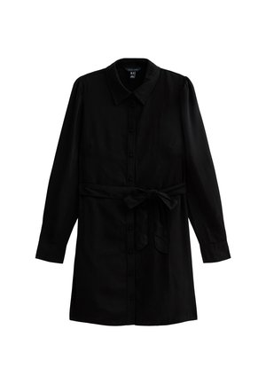 Zwarte langslavige dress shirt met een kraag, knoopsluiting aan de voorkant, strikceintuur in de taille en een soepele textuur.