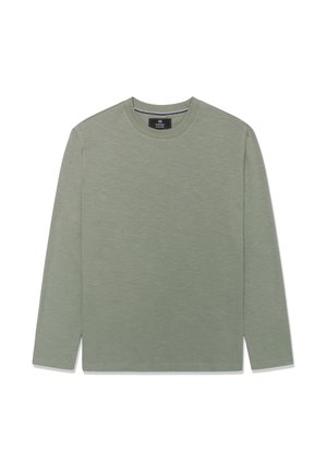 Majica z dolgimi rokavi in okroglim izrezom v svetlo olivno zeleni barvi, položena ravno, prikazuje sprednjo stran s vidnim šivom okoli izreza in oznako velikosti.