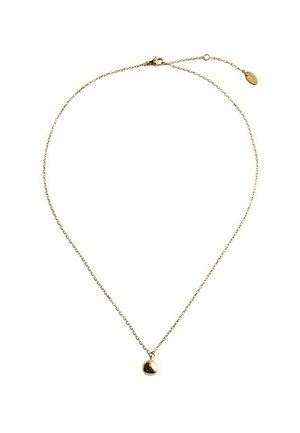 Nežen zlati verižni ogrlica z majhnim nepravilne oblike zlatim obeskom in zapiralo na kavljico z podaljševalno verigo.