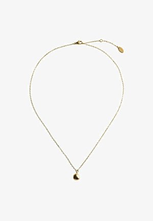 Nežen zlati verižni ogrlica z majhnim nepravilne oblike zlatim obeskom in zapiralo na kavljico z podaljševalno verigo.