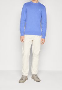 Pull en maille bleu clair avec encolure arrondie, poignets et ourlet côtelés. Assorti à un pantalon crème et des baskets gris clair avec des accents.
