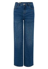 Jean bleu taille haute à jambes larges, fermeture devant par bouton et zip, poches avant et arrière, avec des détails subtils d’usure.