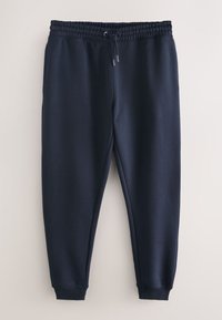 Pantaloni jogger blu navy con vita elastica e coulisse, gambe affusolate e polsini alle caviglie su sfondo semplice.