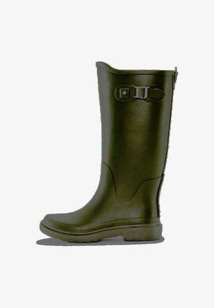 Wysoki zielony gumowy kalosz z regulowanym paskiem z boku i srebrną klamrą, płaską podeszwą oraz teksturowaną bieżnią do użytku na zewnątrz.
