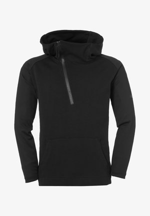 Felpa nera con collo alto, zip parziale frontale, maniche lunghe e tasca frontale. Realizzata in morbido tessuto, presenta una trama liscia.