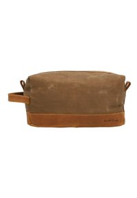 Canvas cosmetic bag in brown with leather accents, rectangular shape, zipper closure, and a side handle for easy carrying.