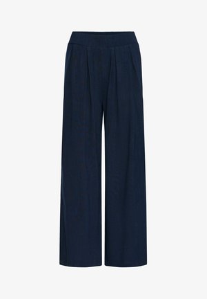 Navy wide-leg pants featuring a pleated front, elastic waistband, and smooth texture. Made from a lightweight fabric for comfort.