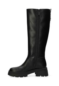 Czarne kozakie na kolano wykonane z gładkiej, sztucznej skóry, z bocznym zamkiem, masywną podeszwą i minimalnym wzorem bieżnika zapewniającym przyczepność.