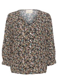 Svart blus med blommönster, gjord av lätt tyg. Har v-ringning, långa ärmar och knappstängning, prydd med små färgglada blommor.