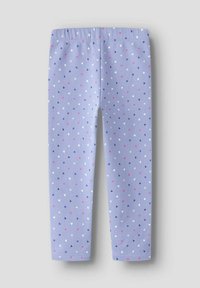 Liliowe legginsy dla dzieci z małym, wielokolorowym wzorem serduszek w kolorach różowym, granatowym, białym i fioletowym na szarym tle.