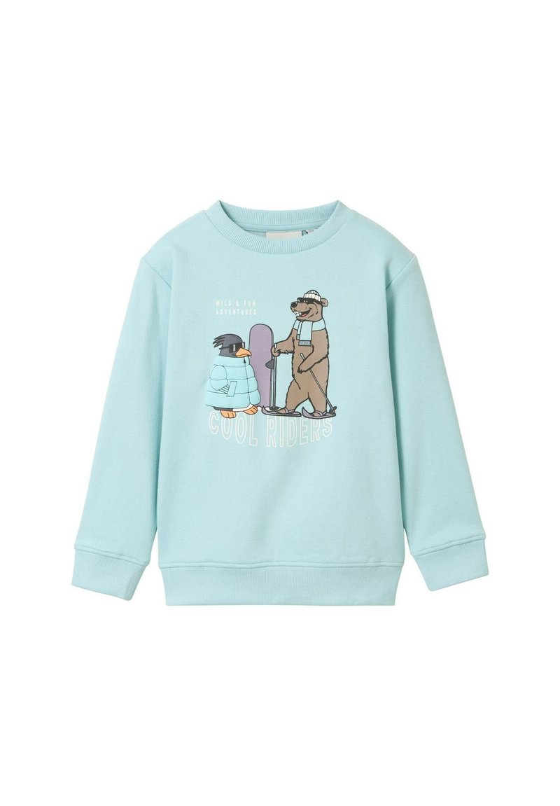 Lichtblauwe crewneck sweatshirt van katoen, met een geïllustreerde pinguïn en beer met een skateboard, tekst "COOL RIDERS" eronder.