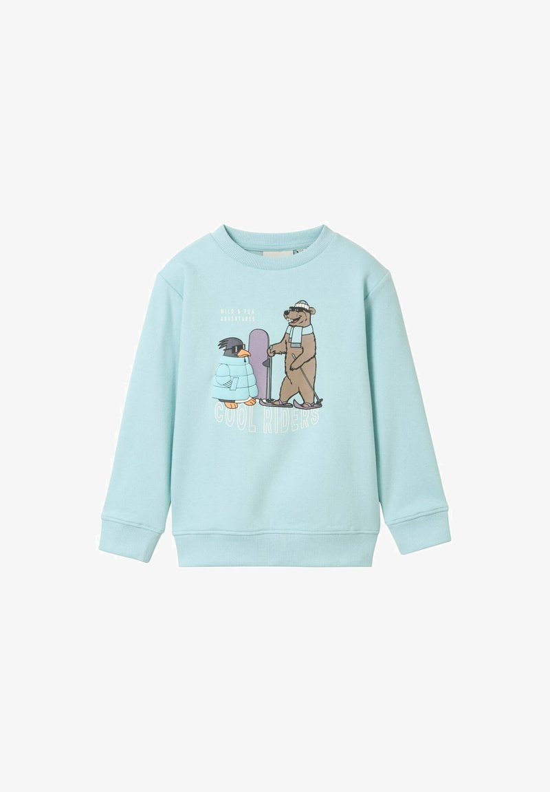 Ljusblå crewneck sweatshirt i bomull, med en illustrerad pingvin och björn på en skateboard, texten "COOL RIDERS" nedanför.