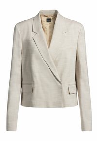 Beige, cropped blazer van textiel met structuur. Heeft een notched lapel, een dubbele knoopsluiting aan de voorkant en twee voorkanten zakken.