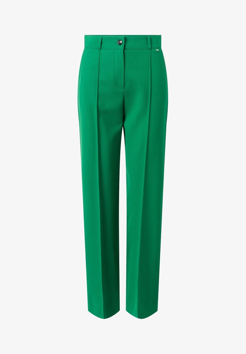 Pantalon vert vif sur mesure avec plis devant, fermeture par bouton et passants de ceinture, présenté sur fond blanc.