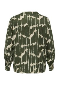 Zelená vzorovaná blůza s volným střihem, s dlouhými rukávy a manžetami na knoflík. Abstraktní krémový design na texturované tkanině.