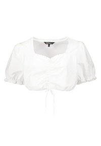 Hvid cropped bluse med puffærmer, der har firkantet halsudskæring, frontbinding og fine flæsekanter langs kanterne.
