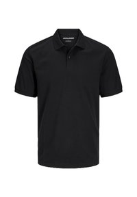 Polo shirt nera realizzata in tessuto uniforme, con colletto classico, pattina con tre bottoni e maniche corte.