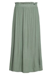 Vihreä, keskipitkä hame, joka on valmistettu pehmeästä kankaasta. Hameessa on joustava, röyhelöitä sisältävä vyötärö ja liikkuva muotoilu. Sen pinta on sileä.