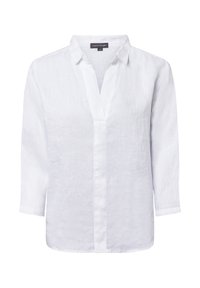 White linen shirt with a V-neck, long sleeves, and a relaxed fit. Features a buttoned placket and textured fabric for breathability.