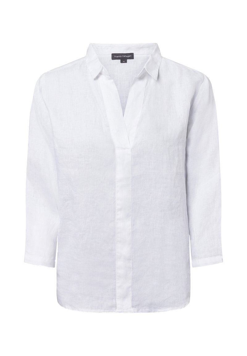 White linen shirt with a V-neck, long sleeves, and a relaxed fit. Features a buttoned placket and textured fabric for breathability.