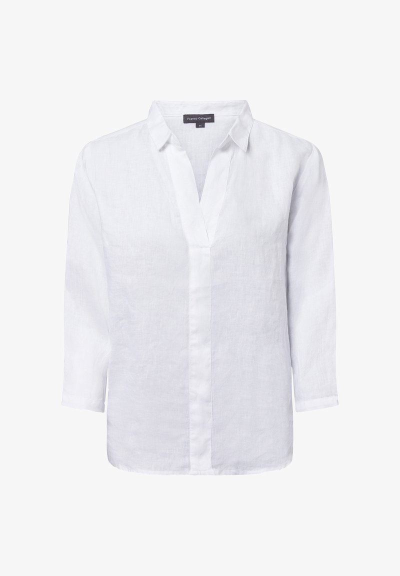 White linen shirt with a V-neck, long sleeves, and a relaxed fit. Features a buttoned placket and textured fabric for breathability.