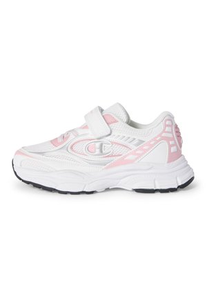 Weißer und rosa Sportschuh mit Mesh-Einsätzen, Klettverschluss und dicker, strukturierter Sohle.