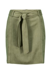 Olivgrüner Wildleder-Minirock mit hoher Taille, einem gebundenen Gürtel vorne und einem Reißverschluss hinten. Glatte Textur.