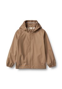 Veste imperméable brun clair avec capuche, poignets élastiques et fermeture éclair à l'avant. Texture lisse et mate, avec des détails froncés au niveau du cou.