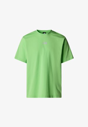 Short-sleeve t-shirt in bright green cotton, featuring a small, white The North Face logo on the chest and a classic crew neck design.