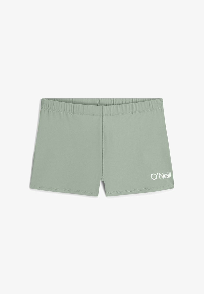 Jasnozielone szorty kąpielowe z elastycznego materiału. Posiadają elastyczny pas i biały logo O'Neill po prawej dolnej stronie.