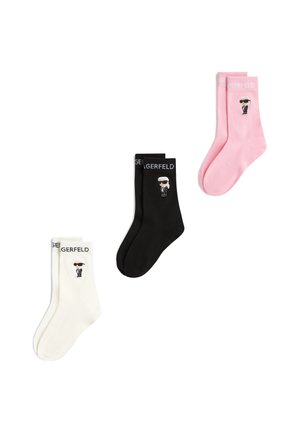 Kolm paari Karl Lagerfeld sokke valges, mustas ja roosas, igaühel Karl Lagerfeldi multikafiguur ja logo mansetil.