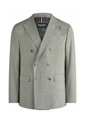 Grau gestreifter, doppelt geknöpfter Blazer mit Reverskragen, vier Knöpfen vorne, Pattentaschen und Brusttasche von Hechter Paris.