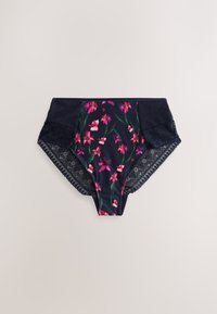 Schwarz hochgeschnittene Panties mit Blumenmuster, pinken Blumen, grünen Blättern und Spitzen-Details an den Seiten und am Rücken.