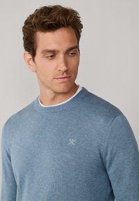 Lichtblauwe, gebreide trui met ronde hals en geribbelde manchetten. Heeft een klein wit logo op de borst. Zachte textuur.