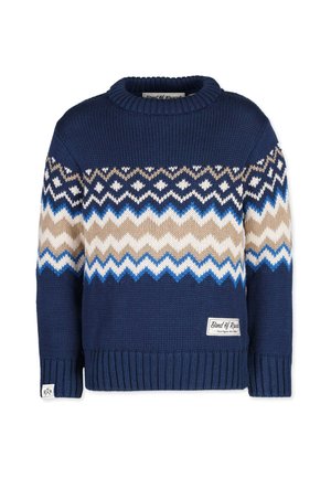 Marineblåstrikket sweater med hvide, beige og blå zigzag- og diamantmønstre tværs over bryst og ærmer, med ribstrikket krave og manchetter.