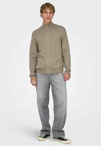 Maglione beige chiaro con zip e collo alto, polsini e orlo a coste, abbinato a jeans grigio chiaro e sneakers nere basse.