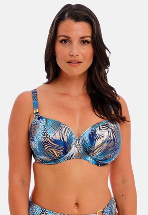 Top de bikini con aros en azul intenso con estampado animal. Presenta tirantes ajustables y una tela suave y texturizada con detalles en dorado.
