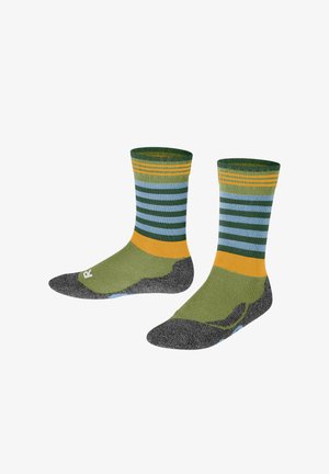 Chaussettes vertes et grises avec des rayures jaunes et bleues. Présentent un renfort au niveau des orteils et du talon, une semelle texturée pour l'adhérence et une longueur mi-mollet.