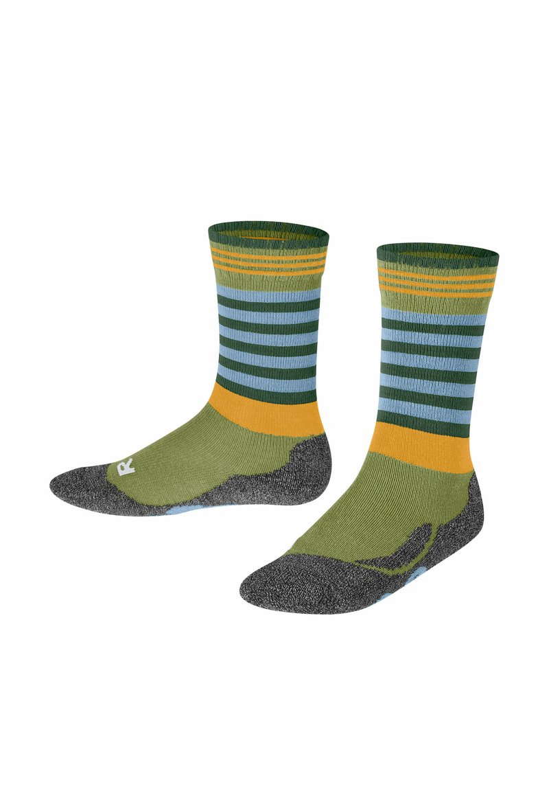 Zielono-szare skarpetki z żółtymi i niebieskimi paskami. Posiadają wzmocnioną podeszwę i piętę, teksturowaną podeszwę dla lepszej przyczepności, sięgającą do połowy łydki długość.