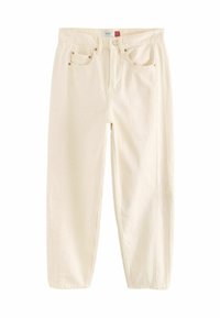 Ljusbeiga denimbyxor med rak passform, fem fickor, metalldetaljer och sydda detaljer. Tyget har en slät yta.